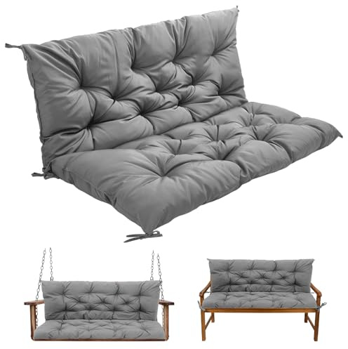 Warmiehomy 2/3 Seater Patio Swing Cushion with Backrest, Waterproof Garden Bench Cushion with Back, 120x100x8cm Comfortable Outdoor Bench Seat Cushion with Non-Slip Straps for Canopy Furniture, Grey