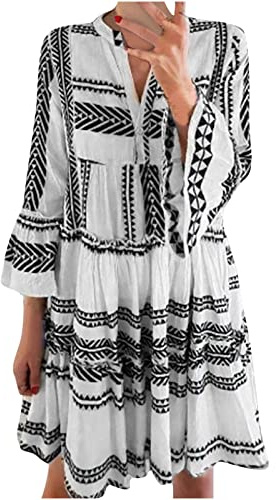 FGVFCS Boho-Kleider für Damen, Übergröße, 3/4-Ärmel, Rüschen, Sommerkleid, Ethno-Stil, Tunika-Kleid, Vintage, bedruckt, elegante Partykleider, Urlaub, Strand, Sommerkleid, Activewear, Black45, M