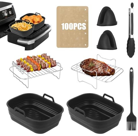 Air Fryer Accessories Kit With 2PCS Folding Silicone Air Fryer Liners for Ninja SL400UK AF400UK AF451UK / Tower T17088 T17100 / Russell Hobbs 27680 and Other Dual Fryer 8L-9.5L with Grilling Rack etc.