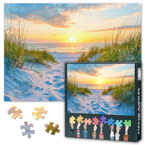 Meeres-Puzzle 1000 Teile - Sonnenuntergang an Dünenküste, Anspruchsvoll 50x70 cm Meditatives Landschaftsmotiv für Entspannungspuzzle Wanddekoration Geschenk