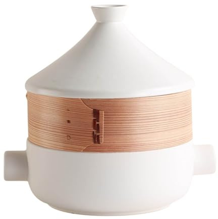 Vnook Tajine, Keramik Kochtopf mit Deckel, Küche Keramik Tagine, mit Dampfkorb Auflauftopf, 2.5L Japanischer Auflauf, Simmertopf, Zum Dämpfen und Dünsten von Speisen(White)