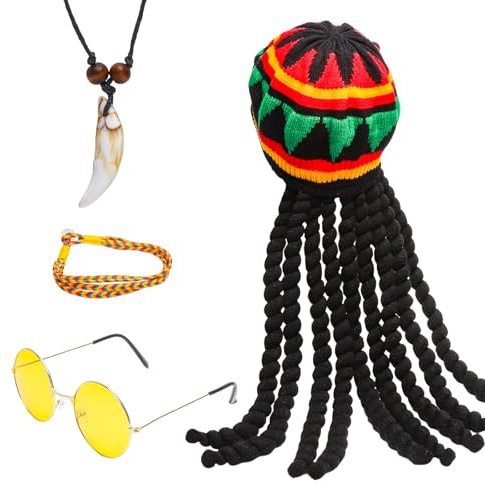 KQDRAVINE 4 Stücke Mütze Rasta Dreadlocks, Rasta Perücke, Jamaikanischer Stil Lustige Mützen mit Dreadlocks Perücke, Mütze mit Haaren, Funny Costume, Maskerade Kostümzubehör für Cosplay