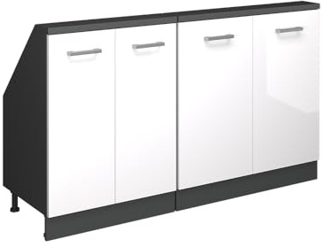 Vicco Küchenschrank für Dachschrägen R-Line, Weiß Hochglanz, 140 cm | 2 Module · Tiefe 46 cm · Höhenverstellbare Füße · 4 Türen · ✓ Frei kombinierbar