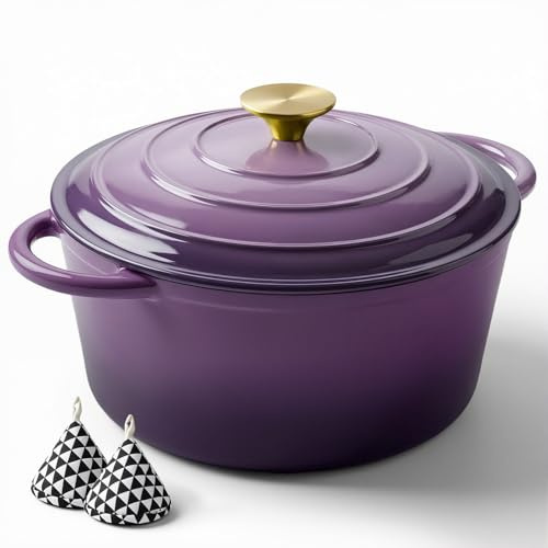 Miereirl 4.5 Quart Enameled Dutch Oven Pot with Lid, Cast Iron Dutch Oven with Dual Handles for Bread Baking, Cooking, Non-stick Enamel Coated Cookware, Purple