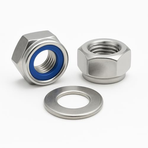 NOLDAR | Tuercas autoblocantes hexagonales con inserto de nylon DIN 985 + Arandelas planas DIN 125. Métrico M4 (50 tuercas + 50 arandelas). Acero inoxidable AISI 304 (A2)