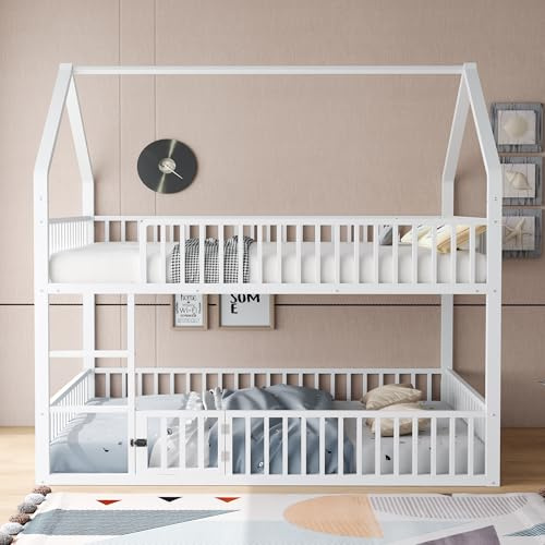 MSMOK Kinder-Etagenbett 140 * 200 Metall-Doppelbett Kinder-Familienbett Etagenbett mit Treppe Loft-Design unteres Bett mit Kleiner Tür zum Öffnen und Schließen Weiß