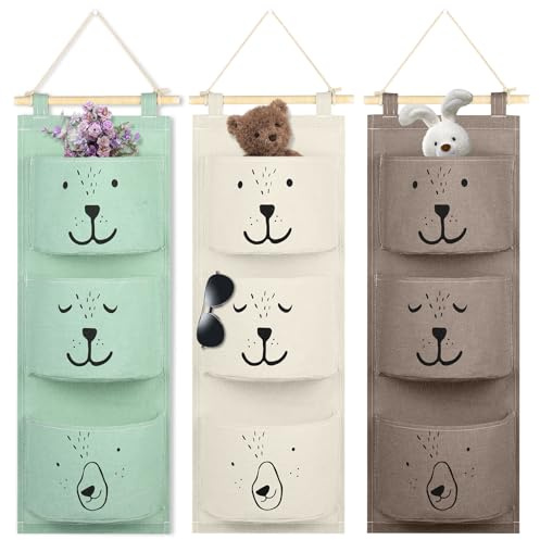 AOOWU 3pcs Hängend Wandregal Tasche mit 3 Taschen, Faltbare Wand Hängen Tasche, Wasserdicht Hängender Organizer für Kinder, Hängetasche für Badezimmer Kinderzimmer Schlafzimmer（Weiß/Grün/Braun）