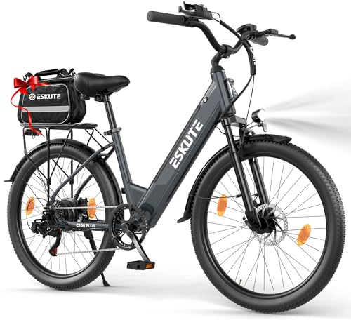 ESKUTE C100 Plus E-Bike, 26 Zoll Elektrofahrrad, E-Cityrad 250W HeckMotor, 36V 13Ah Wechselakku, bis zu 100km, LCD-Display, Tiefeinsteiger E-CityBike mit-Fahrradtasche