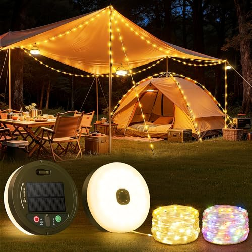 FOMYHEARD 3 in 1 10M Camping Lichterkette Aufrollbar Solar & USB Aufladbar | 13 Beleuchtungsmodi, LED Lichterkette Außen Camping Licht Wasserdicht, Tragbare Camping Gadgets für Wohnmobil, Wandern