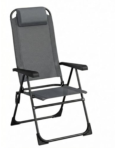 LIFERUN 1er Set Gartenstühle, Klappstühle, Campingstühle mit Kopfstütze, mit 5 verstellbaren Rückenlehnen, Balkonstühle Hochlehne, Outdoor-Stühle für Garten, Terrasse, Camping, Grau, 1 PCS