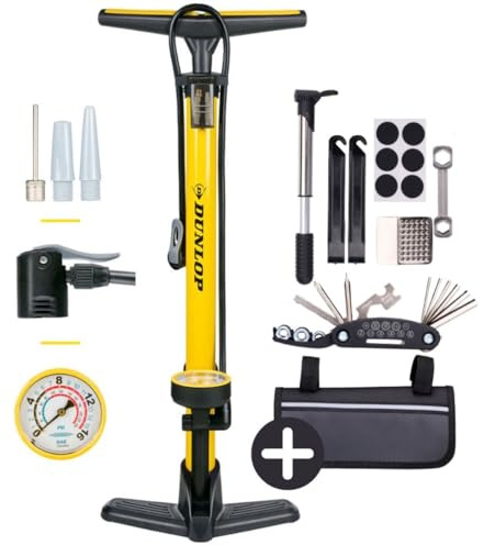 Dunlop Fahrradpumpe mit Manometer und Fahrrad Reparaturset 14 teilig - Fahrrad Werkzeug Set mit Mini Pumpe und Flickzeug - Für Presta Dunlop Schrader Ventil - Schwarz