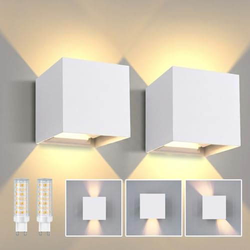 KICAAO 2 Stück Wandlampe Austauschbarer 5W G9 LED Lampe,Weiß Warmweiß 3000K | Einstellbar Abstrahlwinkel, IP65 Innen/Aussen Wandleuchte Aluminium für Garten, Wohnzimmer 100x100x100mm