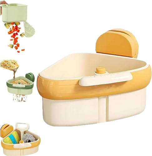 Sink Strainer Basket, Hanging Kitchen Sink Strainer Basket with Press Dumping & Self-Cleaning Design, Corner Sink Trash Catcher for Food Waste, Sink Protectors for Kitchen Sink (Yellow-Triangle)