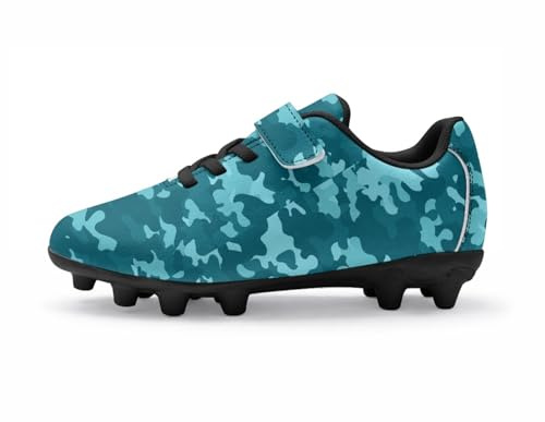 Mateju Scarpe da Calcio Bambini Bambine, Stampa Mimetica Scarpe da Allenamento Calcio con Chiusura a Strappo Regolabile - Suola in PVC Antiscivolo, per Prato Sintetica (Mimetico Ciano,33)