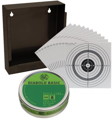 Luftgewehr Diabolo RWS Basic Line Flachkopf Diabolos, Kal. 4,5 mm, 500 Stück + Kugelfang + 10 original ShoXx.® Shoot-Club Zielscheiben mit 250 g/m²
