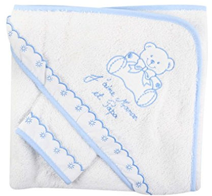Sortie de bainj'aime maman et papa avec gant, idée cadeau naissance (blanc/bleu)