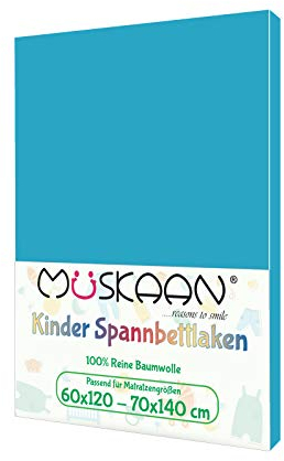 Müskaan Jersey Kinder Spannbettlaken | Betttuch 100% Baumwolle | Baby Spanbetttuch 60x120 cm - 70x140 cm | Bettlaken Qualität 135 g/m² | ÖKOTEX Standard 100 | Türkis