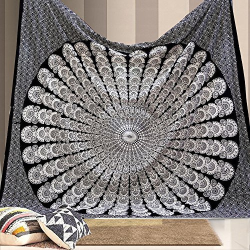 Bless International Indischer Hippie Bohemian Psychedelic Peacock Mandala Wandbehang Bettwäsche Tapisserie (Black White, Queen (213x288Inches) (215x230Cms))
