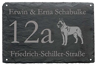 « HAUSNUMMER + STRASSE + NAME mit MALINOIS » als SCHIEFERTAFEL individuell gefertigt Schieferschild Hund Mechelaar