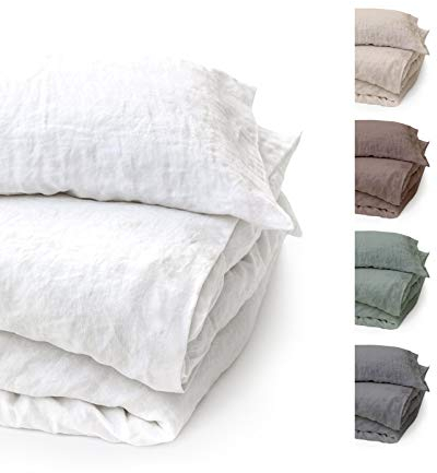 BLUE MOON Bettwäsche 140x200 Leinenbettwäsche [ÖKO-TEX] - 2teilig - 1 Bettbezug 140 x 200 cm + 1 Kissenbezug 70x90 cm - Luxuriöse Leinen Bettwäsche 100% Leinen - Made in EU - Stone Washed – Weiss