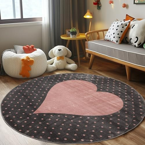 Kinderteppich Kinderzimmer Herz Design Kinder Teppich Babyzimmer Weicher Flor, Farbe: Pink, Größe: 160 cm Rund