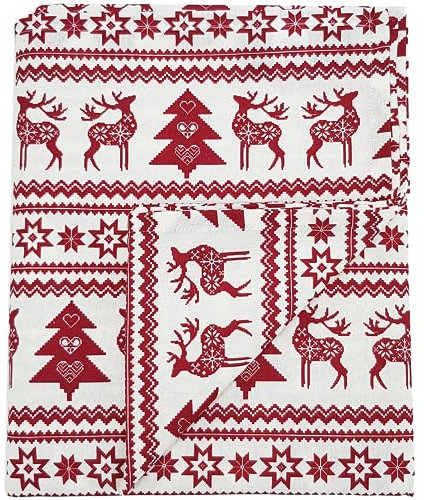 Ragged Rose Christmas Table Cloth - Festive Linen Tablecloth with Nordic Style Prints for Living Room & Kitchen - Cotton Tablecloth That Fits a 6-7 Ft Table - Red Nordic Print