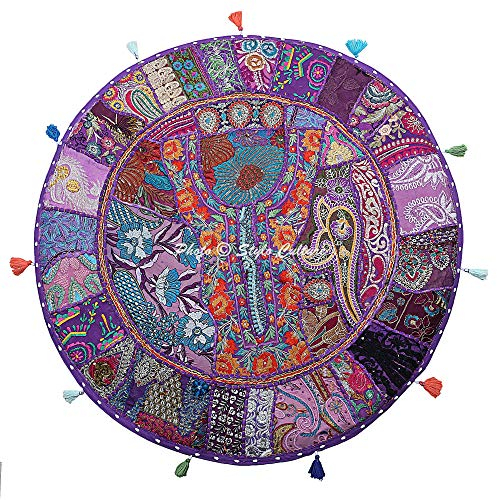 Stylo Culture Indisch Dekorativ Rund Bodensitzkissen 70x70 cm Groß Bodenkissen Pouf Vintage Lila Boho Patchwork Wohnzimmer Baumwolle Bestickt Boden Sitzkissen Garten