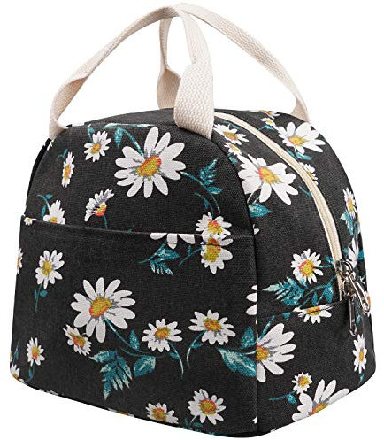 EurCross Black Lunch Bag Floral Daisy Women Tote Box Reusable Canvas Cooler Container Lunch Holder Portable Meal Prep Water-Resistant for Kids Girls for School Trip Picnic Travel