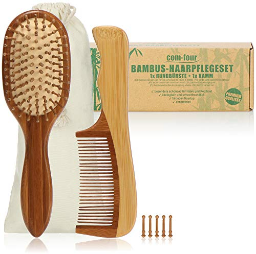 com-four® 2-teiliges Premium Haarpflegeset, Paddle Brush-Bürste und EIN Stylingkamm aus Bambusholz, Bambus-Haarbürste und Frisierkamm für jeden Haartyp (2-teilig Kamm + Bürste)