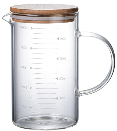 Messbecher, Temperaturbeständig Messkanne Mit Deckel,Transparent,Glas,für Mikrowelle mit Skala für Milch, Kaffee, heiße und kalte Wasserkrug, Küchenhelfer und Back Zubehör (1000ml)