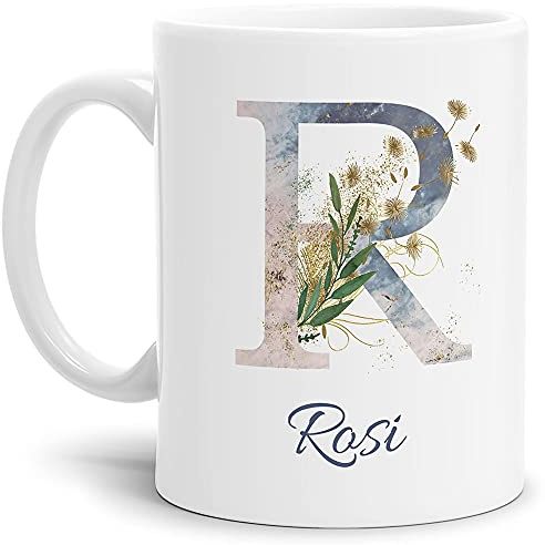 Tasse mit Buchstabe R und Blumen - mit Name personalisiert - Initiale, Namens-Tasse, Buchstaben Tasse, Geschenk I Keramik Weiß matt, 300 ml