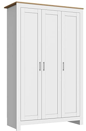 ELEGANT New Luxury 3 Doors Wardrobe with Hanging Rail Wooden Wardrobe for Blankets, Clothing and Quilt, 4 Shelves Storage, White/Oak