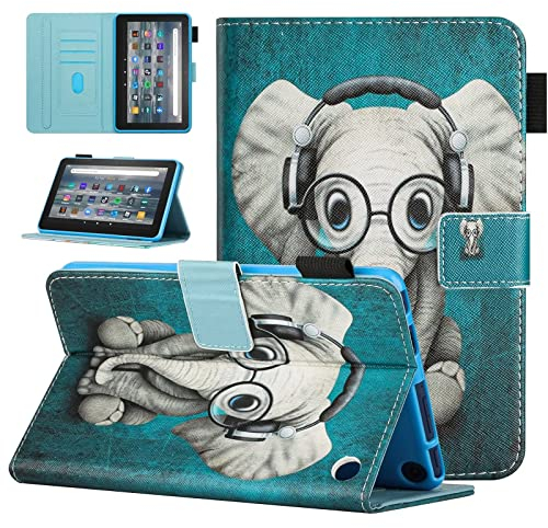 MOKASE Hülle Kompatibel mit Amazon Neu Kindle Fire 7 Tablet 12. Generation 2022 Version Neuestes Modell 7, Kunstleder Ständer Fall, Automayic Schlaf/Aufwach mit Stifthalter für Fire 7, Elephant