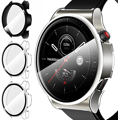 iVoler 3 Pezzi Cover con Vetro Temperato per Amazfit GTR 4, Copertura Completa Custodia Rigida PC, HD Clear Pellicola Protettiva Anti-Graffio Case, 2 Trasparente + 1 Nero
