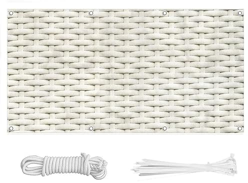 Balkon Sichtschutz, Balkonabdeckung 220 g/m² Innen Balkonverkleidung UV-Schutz (210Größen&21Farben) Ohne Bohren mit Ösen Kabelbinder und Kordel für Balkongeländer Terrasse,Rattan Muster 90X700CM