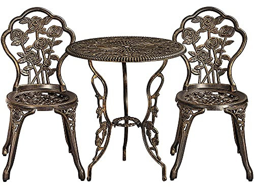 Yaheetech Set di Tavolo e Sedie da Giardino 3 Pezzi con 2 Sedie Bistrò Veranda Set Mobili Balcone Motivo a Rosa Vintage in Alluminio Bronzo