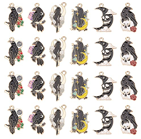 SUNNYCLUE 1 Box 24 Stück Gothic Charms Bulk Crow Charms Emaille Rabe Schwarzer Vogel Schädel Scary Halloween Skelett Charm Rose Moon Charms Für Die Schmuckherstellung Charm Halskette Armband Ohrringe