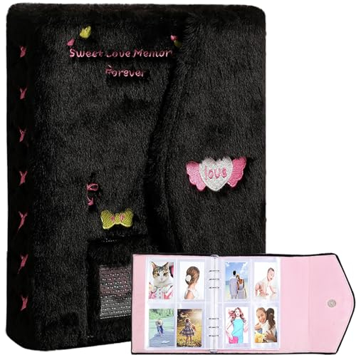 SZHTSWU A5 Binder Fotokartenalbum Plüsch Kpop Fotokarten Halter Buch mit 20 Blätter 3 Zoll Fotoalbumhüllen in Loseblatt nachfüllbar 6 Ringe Binder Abdeckung Buch für Bildkarten Lagerung (Schwarz)