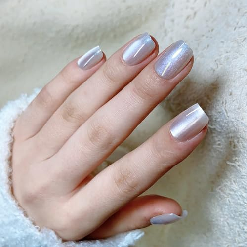 LADYING 30 Stück Cat Eye Gel Nägel Zum Aufkleben Sarg Kurz,Pale Pink Press on Nails Motiv,Coffin Handmade Kunstnägel Fake Nails,Soft Gel Fingernägel Künstliche Nägel für Frauen