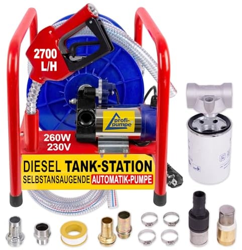 Station Gasoil EASY - Pompe Diesel Biodiesel Mazoute avec Rouleau de Tuyau d'Aspiration et de Pression 13m, Pistolet à Buse Automatique, Pré-filtre et Accessoires - Prête à l'Emploi 45lpm 260 Watts