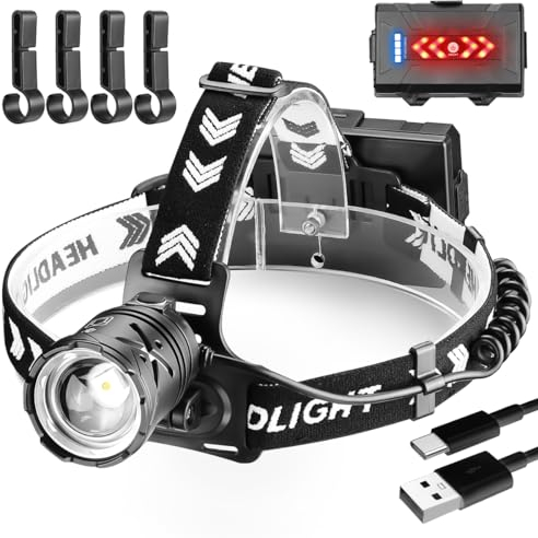 NAKCNM Stirnlampe Wiederaufladbar 30W, LED Stirnlampe 4 Modi, 15000 Lumen Stirnleuchte Wasserdicht, Superhell Kopflampe Power Bank Einstellbarer Fokus mit Batterie Rotlicht für Joggen Camping Laufen