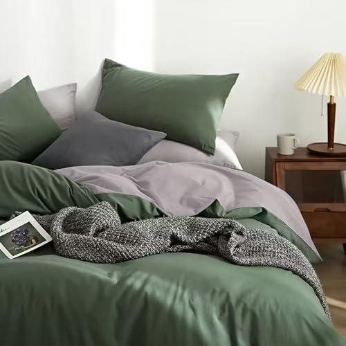 AShanlan Bettwäsche 135x200 Grün Grau Wendebettwäsche Set Microfaser Uni Einfarbig Deckenbezug mit Reißverschluss - 1 Bettbezug 135 x 200 + 1 x Kissenbezug 80 x 80 cm