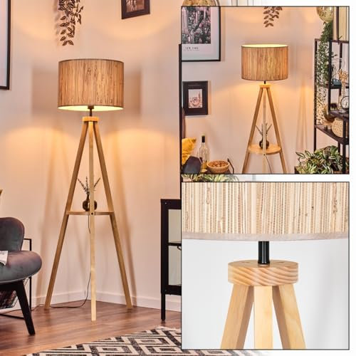 HOFSTEIN Stehleuchte Bongal, Stehlampe mit Holzfuß und Schirm aus Seegras, E27, skandinavisches Design, Boho-Style, Höhe 153cm, Ø 40cm, Fußschalter, Ablagefläche - Wohnzimmer, Schlafzimmer, Esszimmer