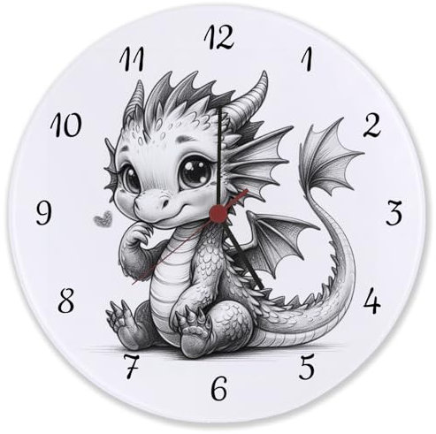 speecheese niedlicher Babydrache Wanduhr aus Glas Süßer Ruhender Drache Niedliche Pose Dasitzendes Fantasiewesen Deko für Kinderzimmer