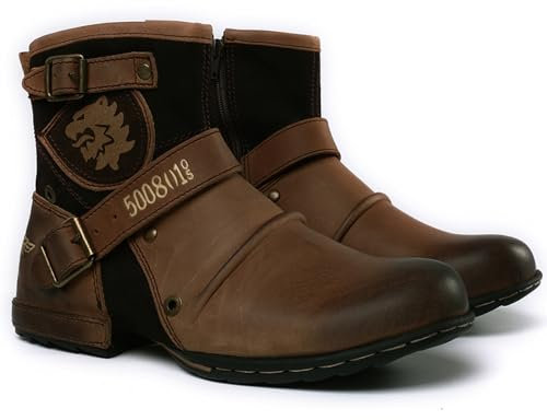 CrtTsks Herren Western Cowboy Stiefel aus Rindsleder Lederstiefel mit Gummisohle Biker Boots mit Reißverschluss Männer Stiefeletten,Braun,45 EU