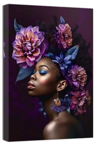 ZQQART Afroamerikanische Wandkunst abstraktes Bild mit schwarzer Frau Druck auf Leinwand lila Blume auf schwarzem Mädchenkopf Gemälde Heimdekoration gerahmt(Lila,60x90cm)