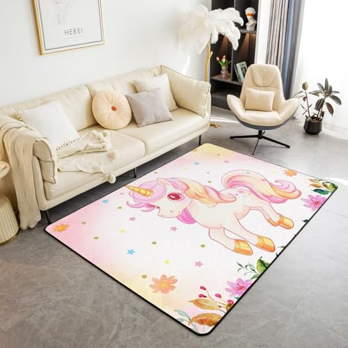 Cartoon Einhorn Bereich Teppich 100Bx150L,Kawaii Rosa Regenbogen Einhorn Schlafzimmer Teppich für Kinder,Romantische Blume Einhorn Bereich Teppiche,Aquarell Einhorn Wohnzimmer Teppich Rutschfest