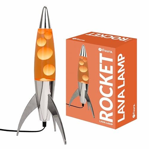 FISURA - Orange Lavalampe „Rocket“. Chromfarbene Basis, orange Flüssigkeit und orange Lava. Retro-Lavalampe mit Ersatzglühbirne. 20 cm x 20 cm x 45 cm.
