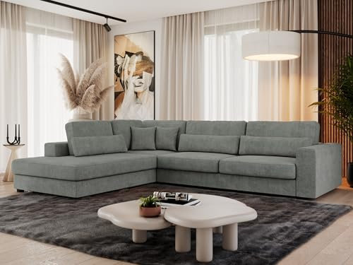 MKS MEBLE Ecksofa Sofa L-Form Grau Strukture, Wohnlandschaft L-Form, Couch L Form, Sofagarnitur Couchgarnitur Polsterecke, Breite: 316 cm - Savona L - Grau Strukture - Links