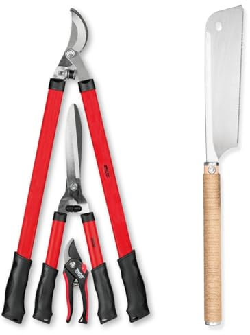 WALTER Gartenscheren Set-3 tlg + Japansäge Dozuki | Rosenschere, Heckenschere, Laubschere, Karbon-Stahl, ergonomischer Griff für Arbeiten im Garten